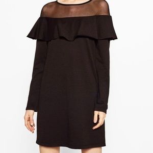 Zara Trafaluc Off Shoulder Mesh Illusion Neck Ruffle Mini Dress Black Size S
